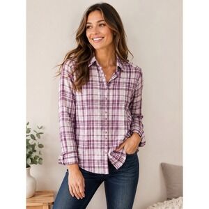 Jachs Girlfriend Plaid Button Front Flannel Shirt XS Purple White Snap Front